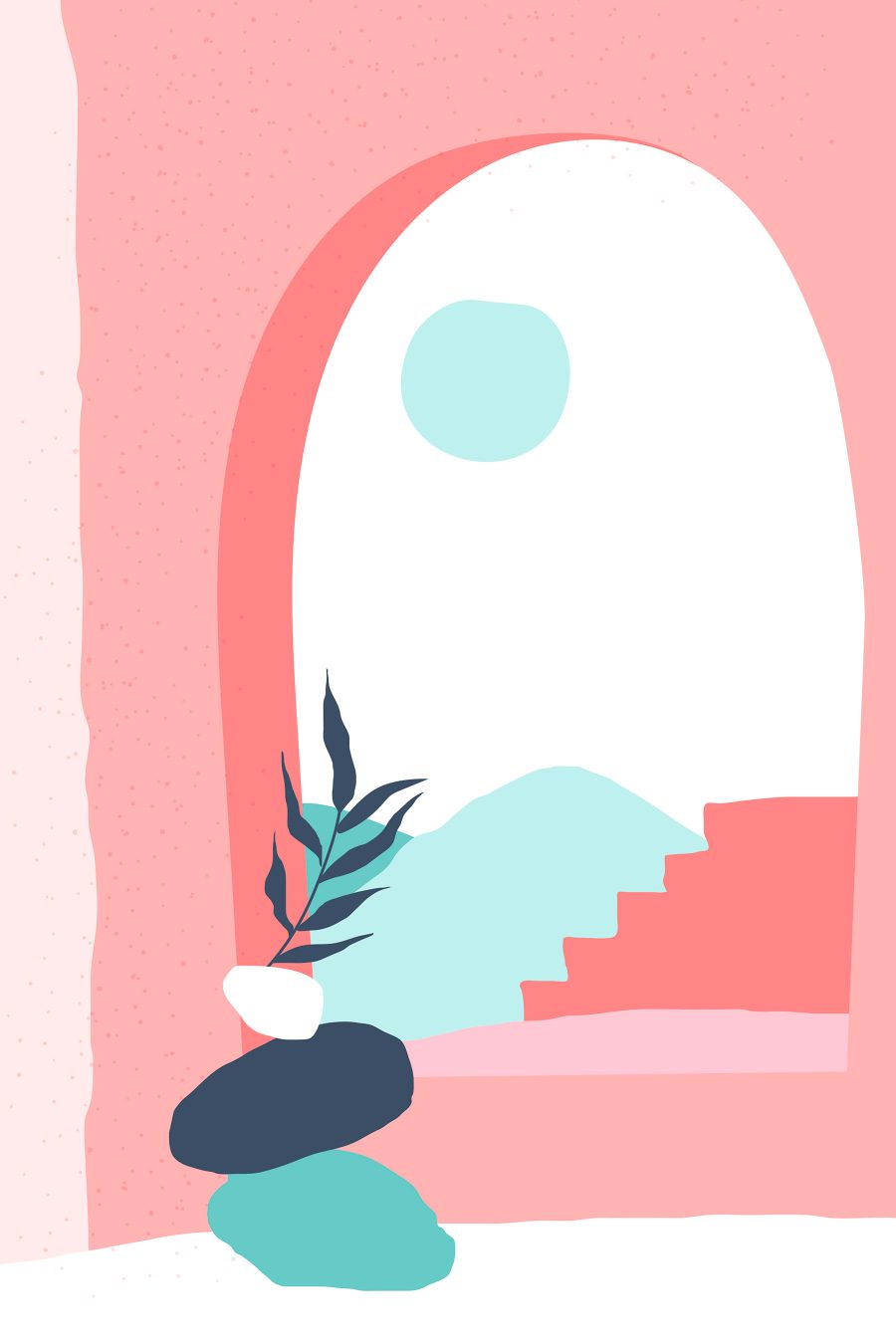 Różowo-niebieska ilustracja okna z rośliną w wazonie