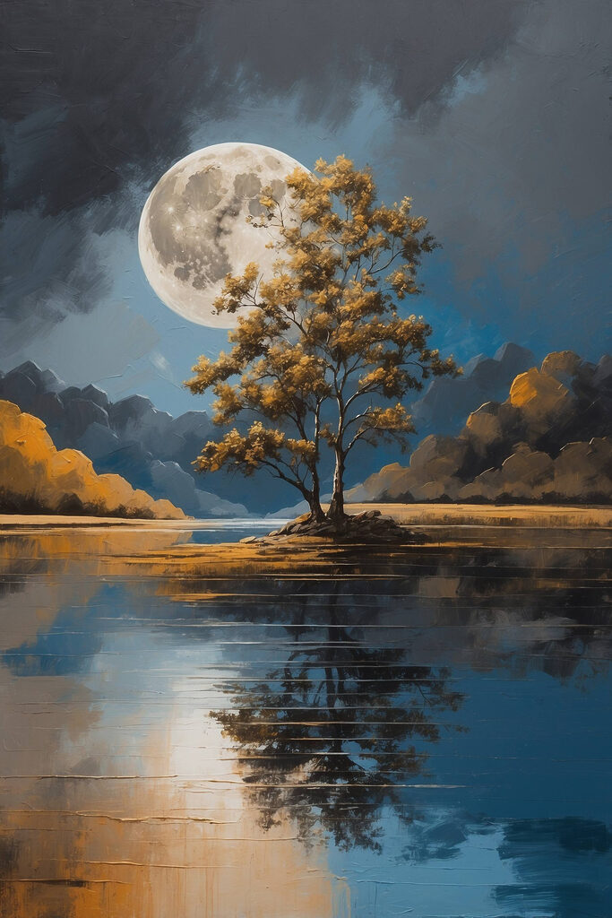 Tree on a lake with a full moon in the background Tree on a lake with a full moon in the background