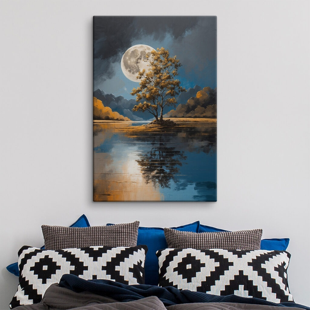 Tree on a lake with a full moon in the background Tree on a lake with a full moon in the background