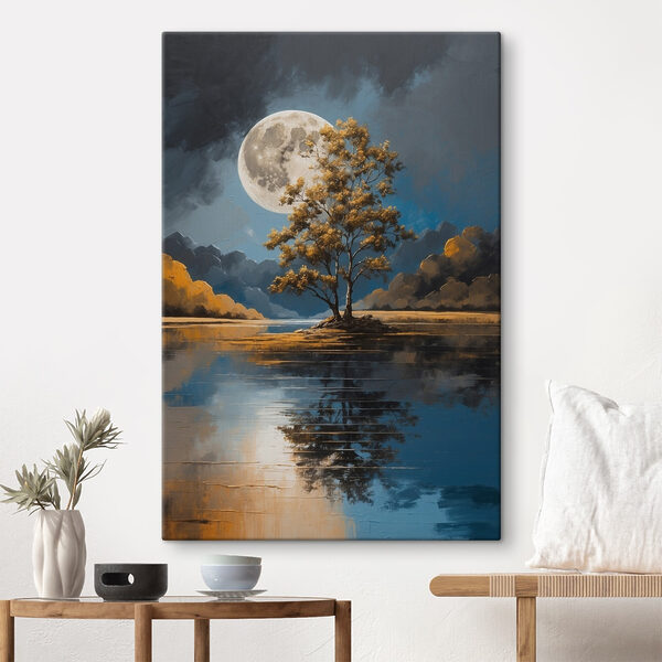 Tree on a lake with a full moon in the background Tree on a lake with a full moon in the background