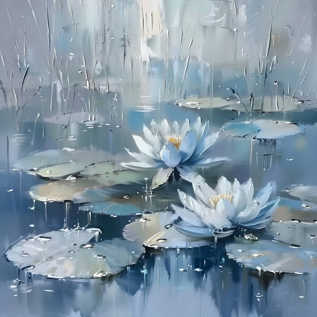 Painting of water lilies and leaves