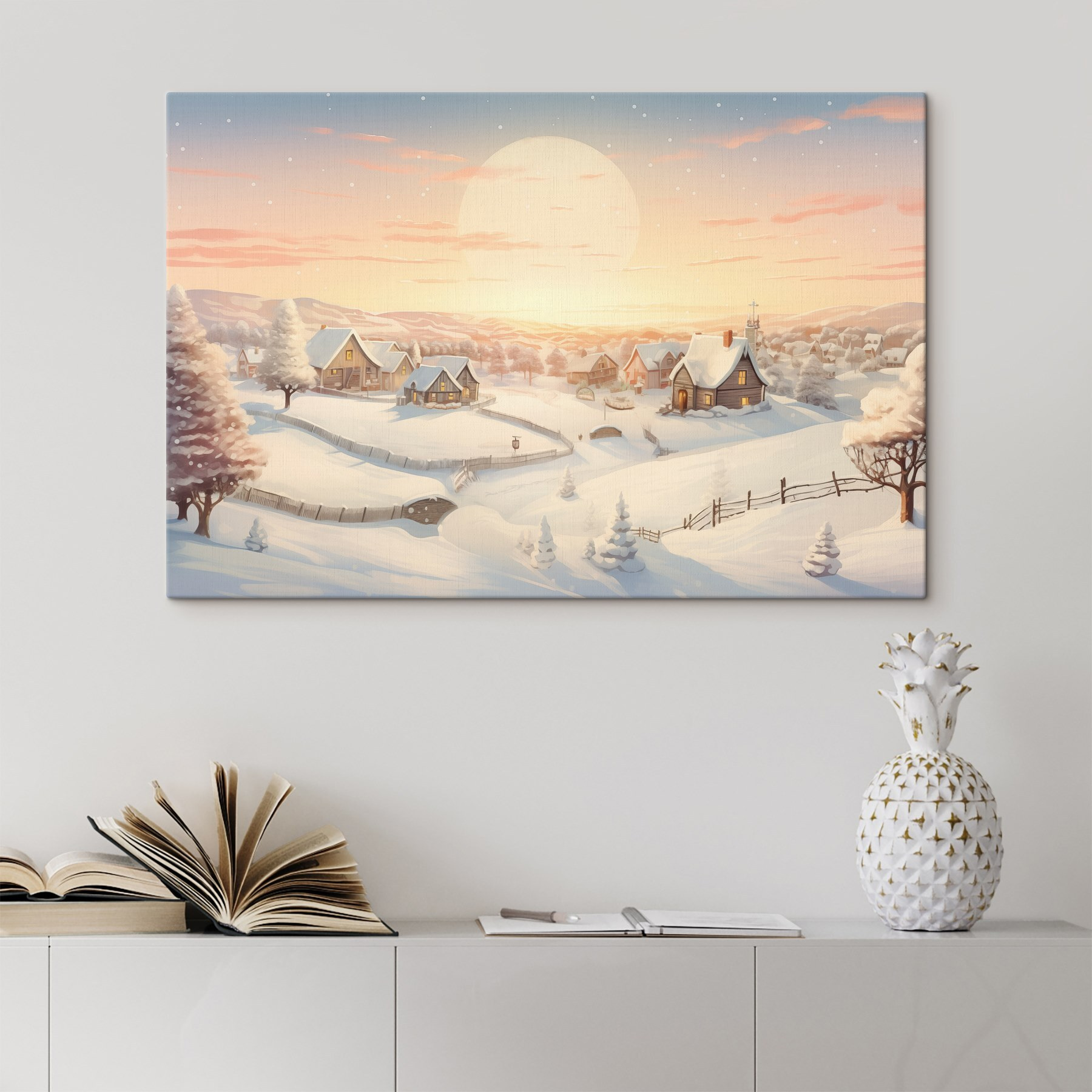 Snow covered village with trees and a fence