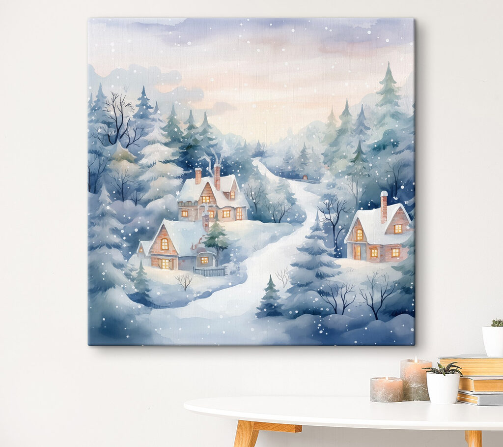 Painting of houses in a snowy forest