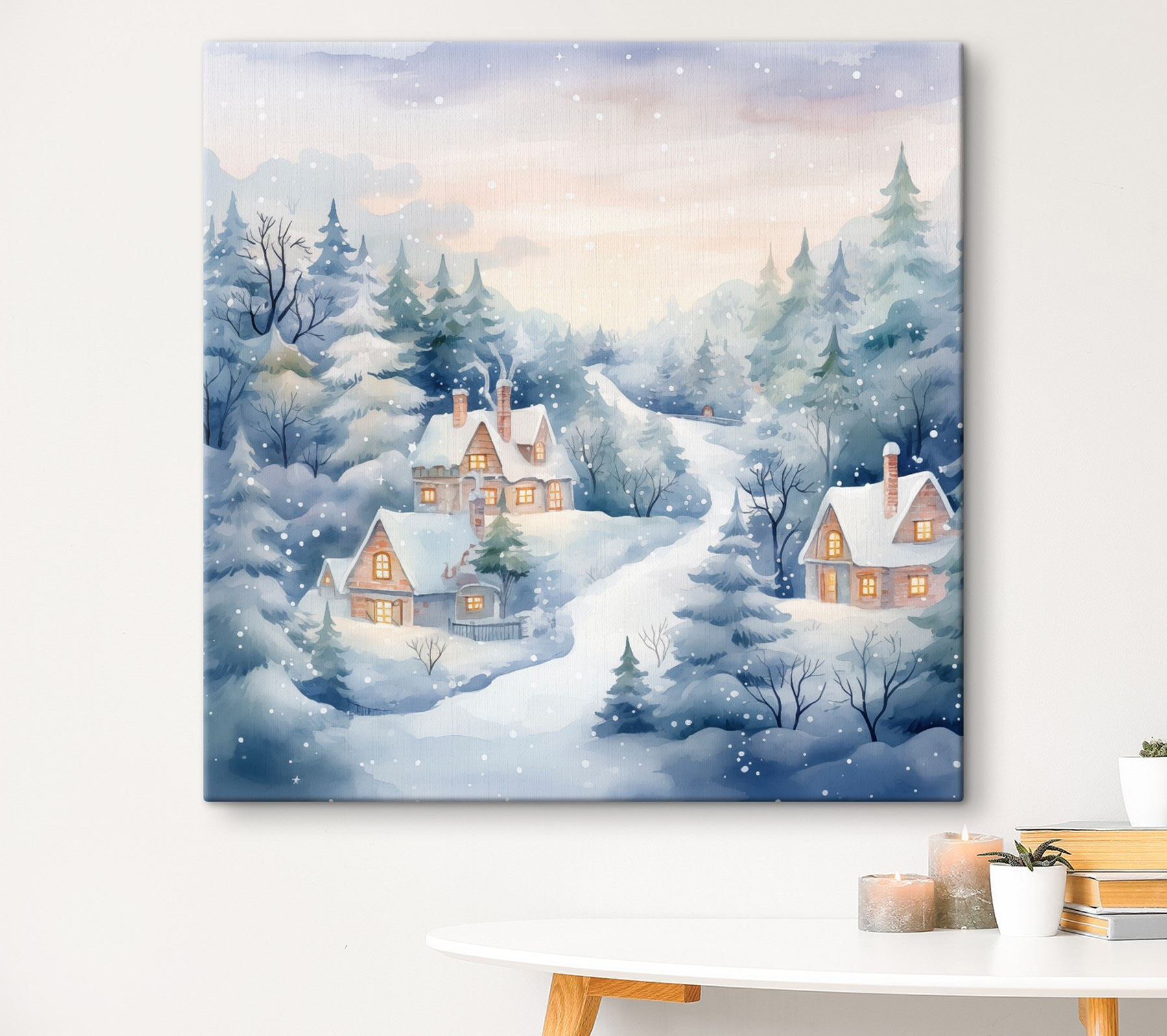 Painting of houses in a snowy forest