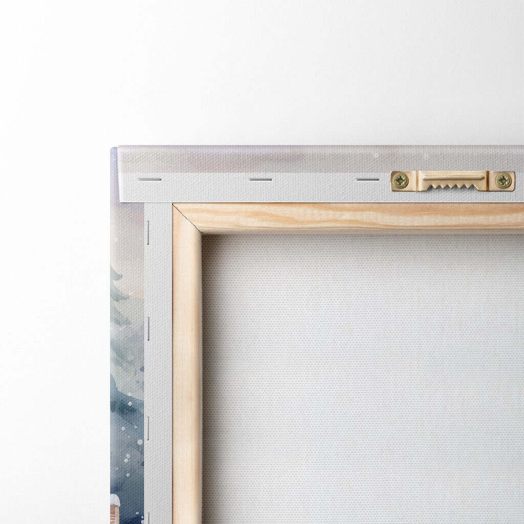 Painting of houses in a snowy forest