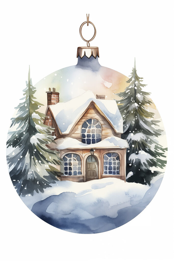 Watercolor painting of a house in the snow