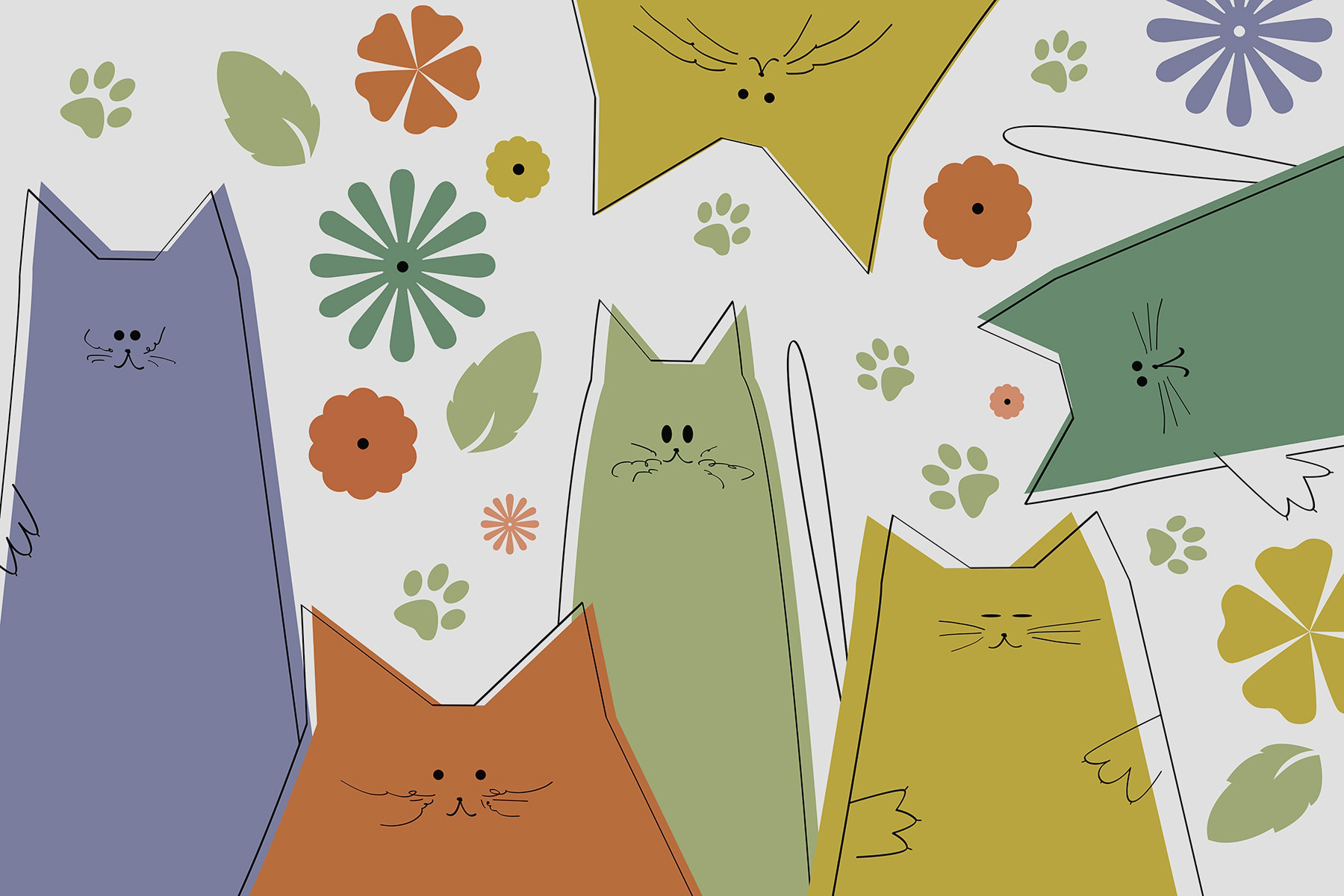 Group of cats with flowers and leaves