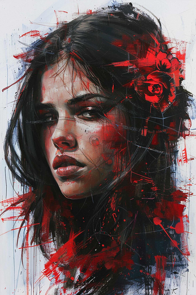 Painting of a woman with red paint Painting of a woman with red paint
