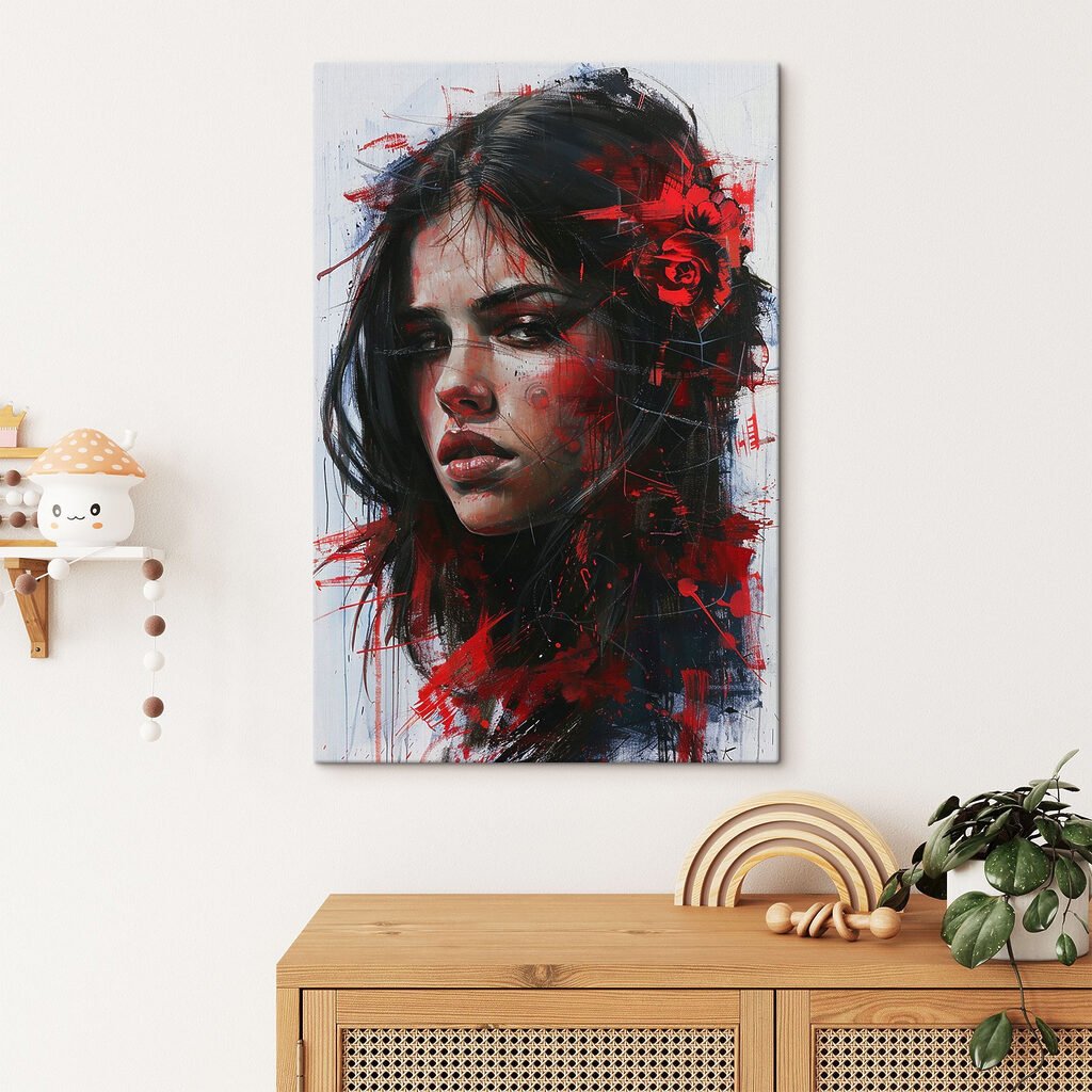 Painting of a woman with red paint Painting of a woman with red paint