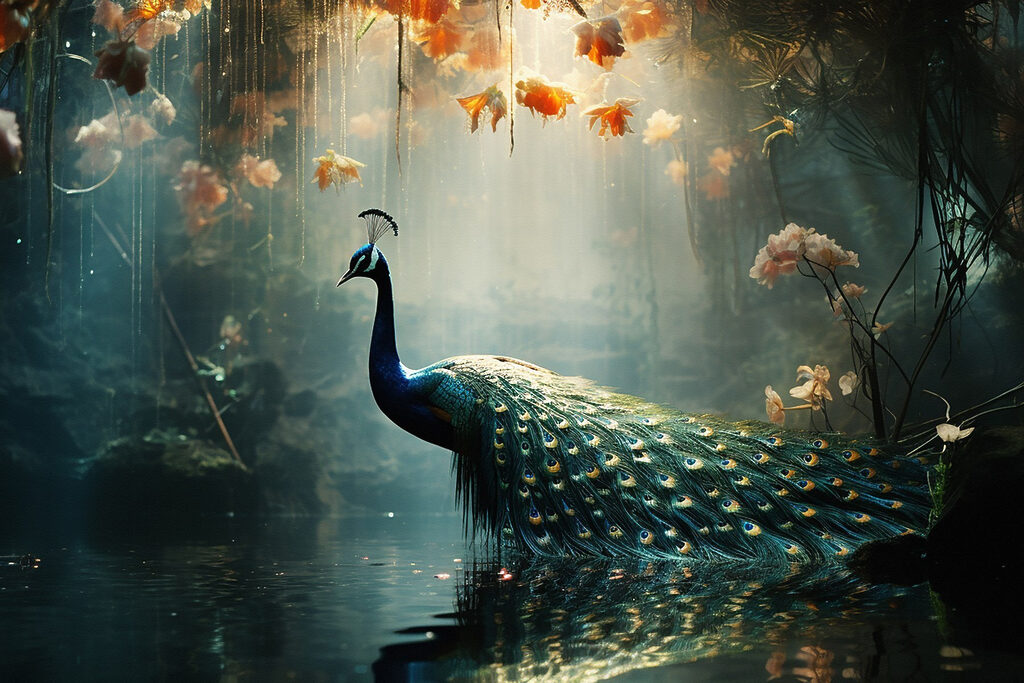 Peacock in a pond