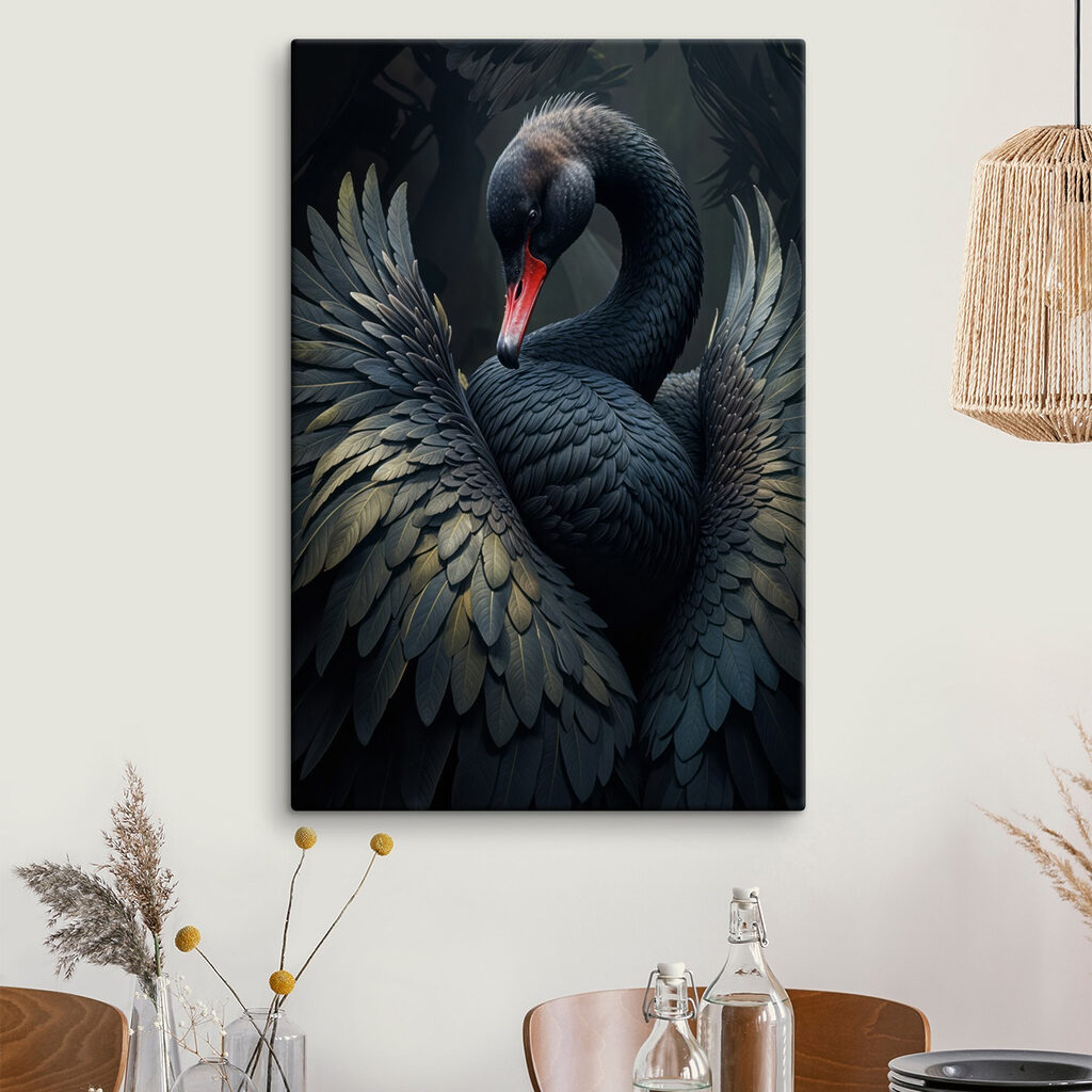 Black swan with a red beak