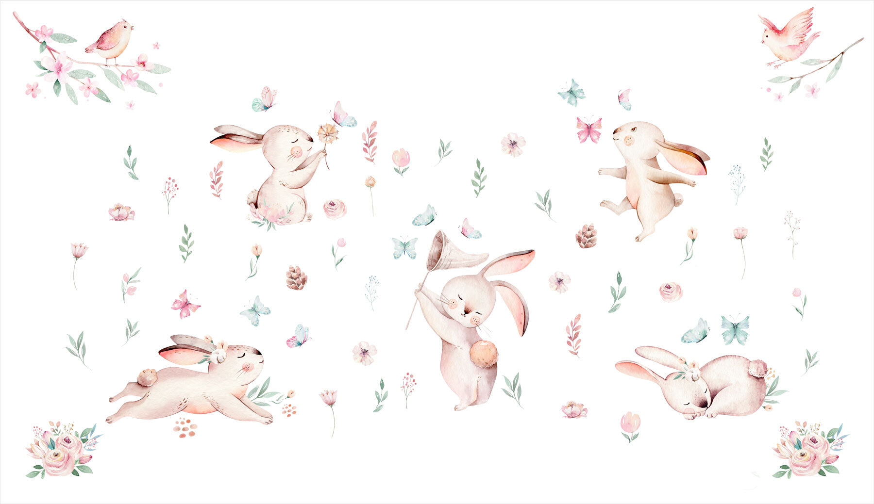Group of rabbits with flowers and butterflies