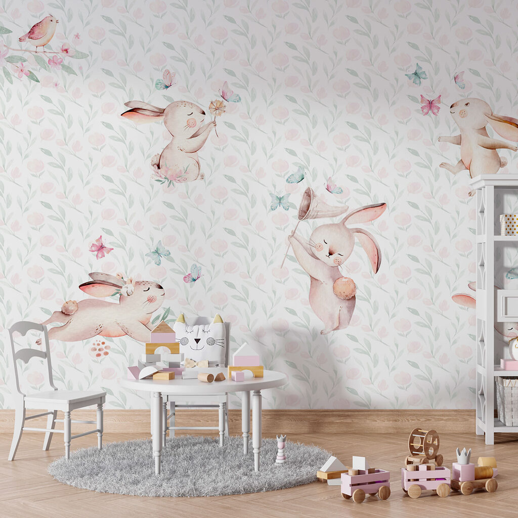 Pattern of watercolor bunnies and butterflies