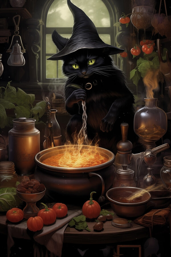 Cat in a person hat cooking a pot of food Cat in a person hat cooking a pot of food