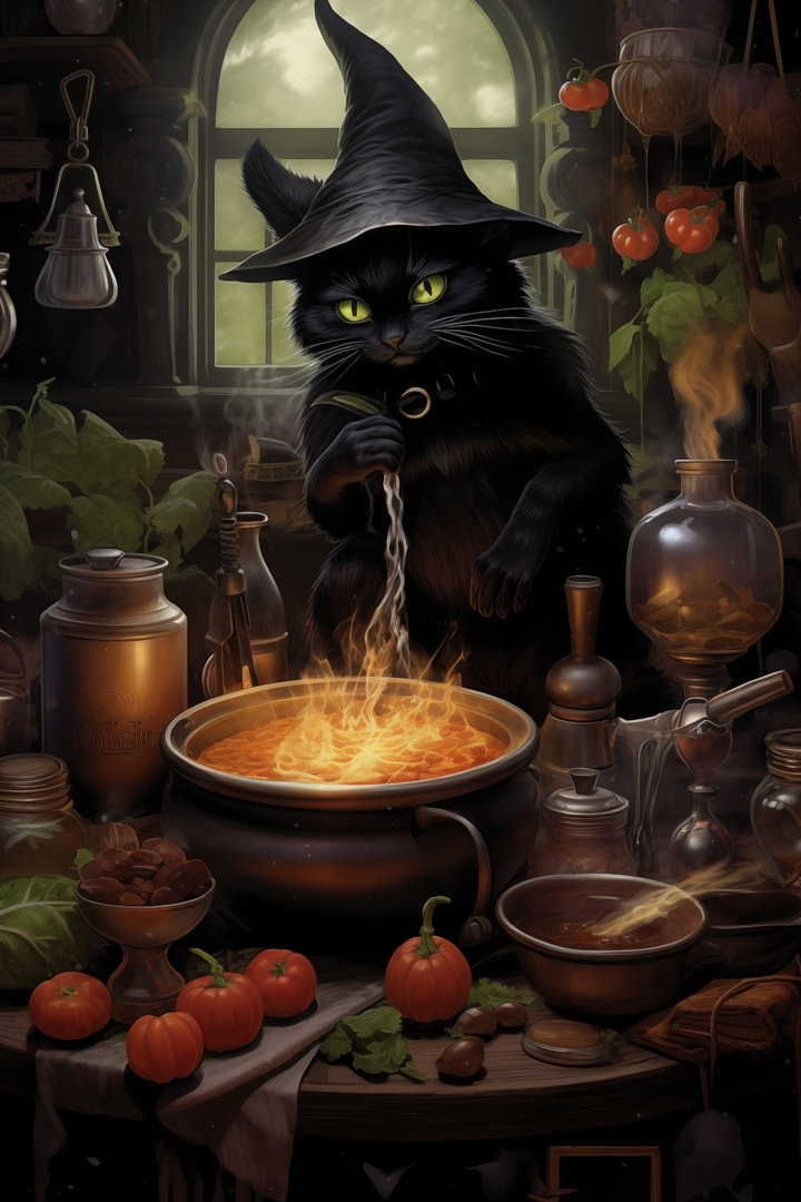 Cat in a person hat cooking a pot of food Cat in a person hat cooking a pot of food