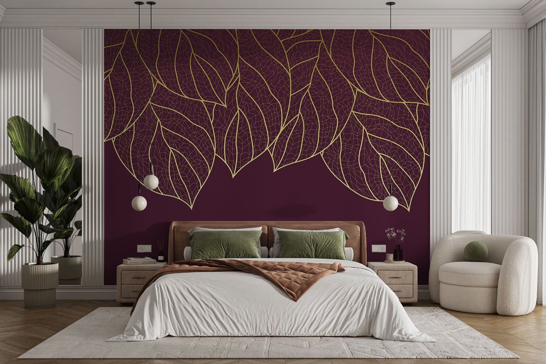 Elegant leaves on deep maroon background