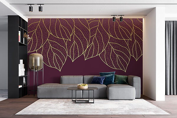 Elegant leaves on deep maroon background