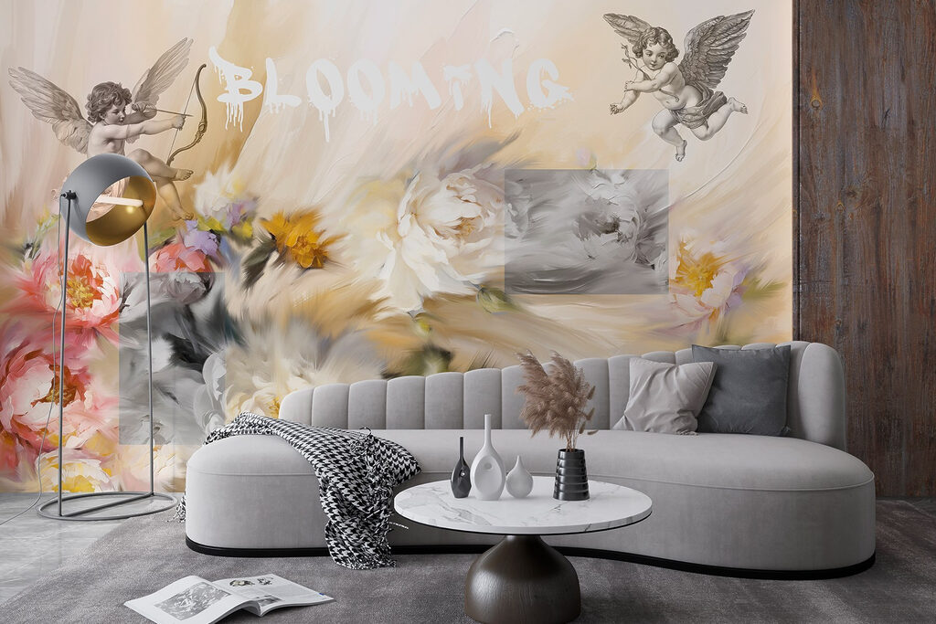 Painting of angels with a bow and arrow shooting flowers Painting of angels with a bow and arrow shooting flowers