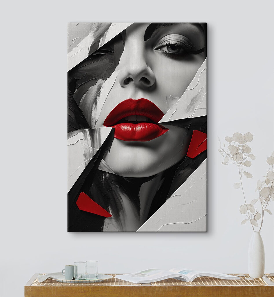 Red lips amidst abstract design