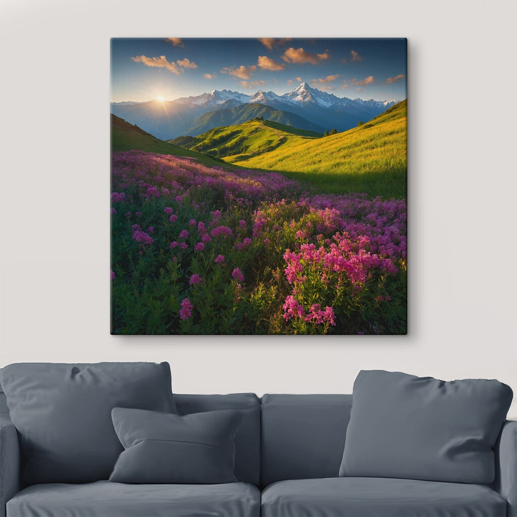 Field of flowers with mountains in the background