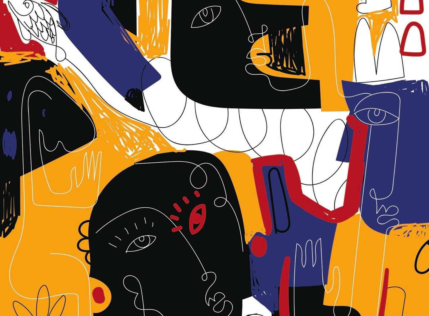 Colorful art with black and blue faces Colorful art with black and blue faces