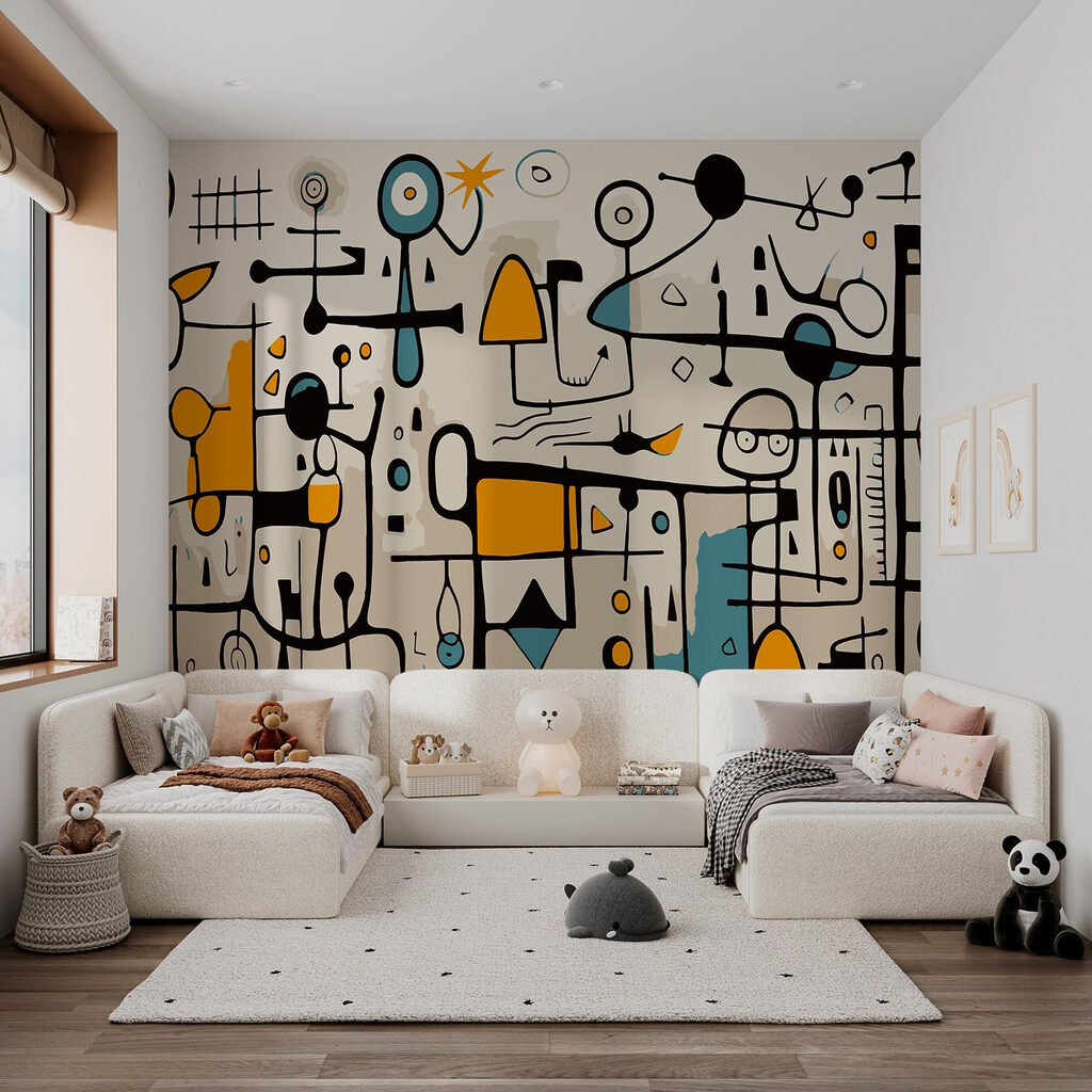 Colorful art piece with people and shapes Colorful art piece with people and shapes