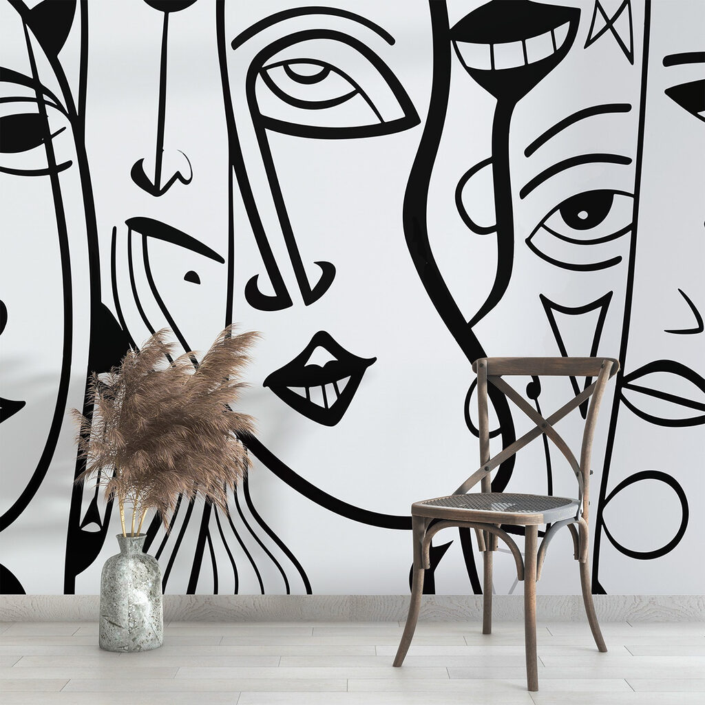 Black and white drawing of faces