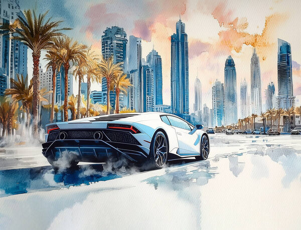 Painting of a white sports car driving on a road with palm trees Painting of a white sports car driving on a road with palm trees