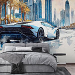 Fototapeta Obraz białego samochodu sportowego jadącego drogą z palmami