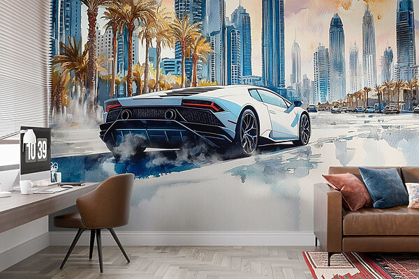 Painting of a white sports car driving on a road with palm trees Painting of a white sports car driving on a road with palm trees