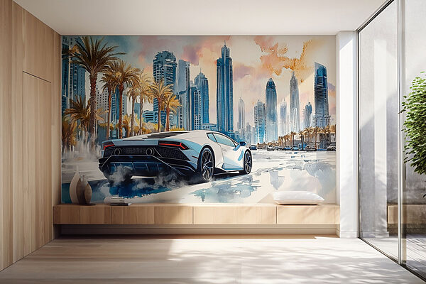 Painting of a white sports car driving on a road with palm trees Painting of a white sports car driving on a road with palm trees