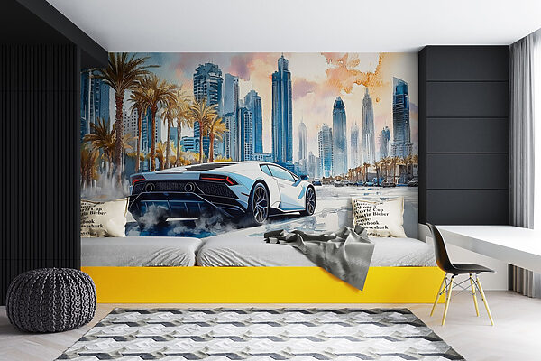 Painting of a white sports car driving on a road with palm trees Painting of a white sports car driving on a road with palm trees