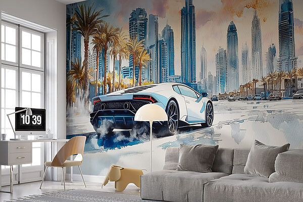 Painting of a white sports car driving on a road with palm trees Painting of a white sports car driving on a road with palm trees