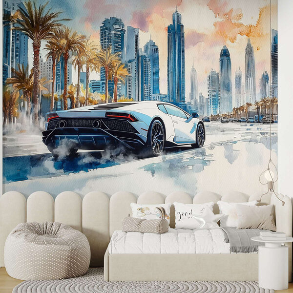 Painting of a white sports car driving on a road with palm trees Painting of a white sports car driving on a road with palm trees