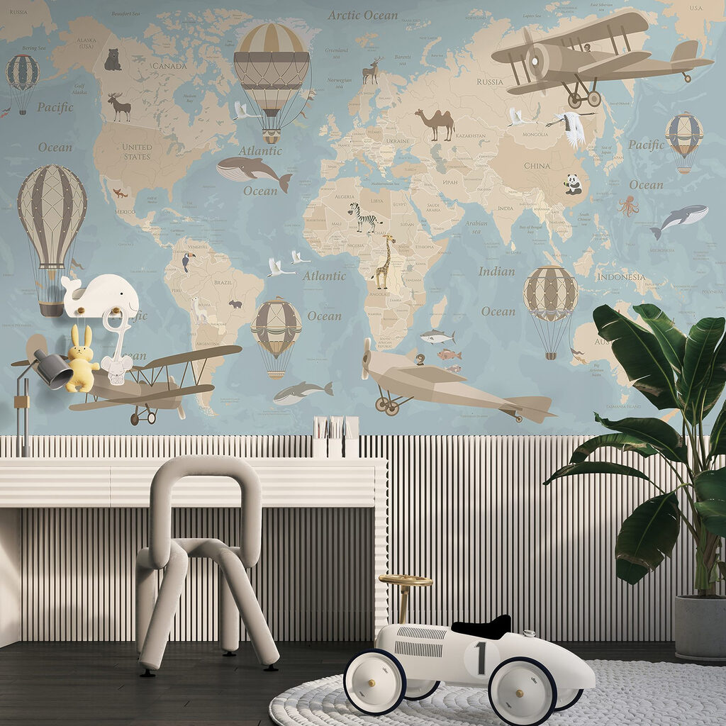 Map of the world with airplanes and hot air balloons