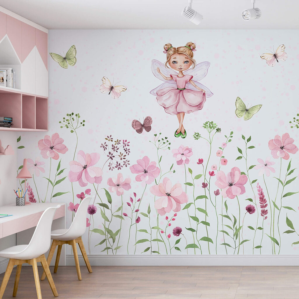 Watercolor of a fairy in a pink dress surrounded by flowers