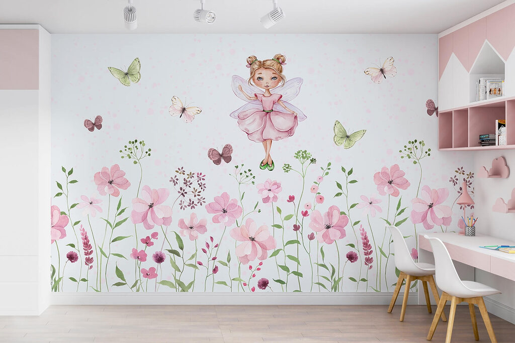 Watercolor of a fairy in a pink dress surrounded by flowers