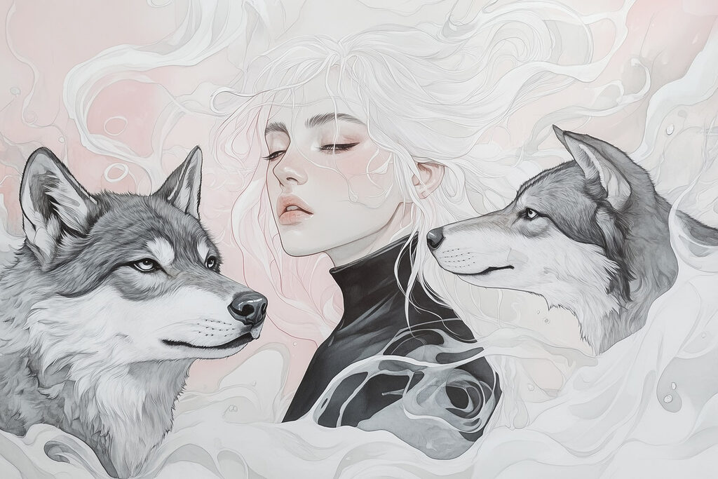 Woman with white hair and two wolves Woman with white hair and two wolves