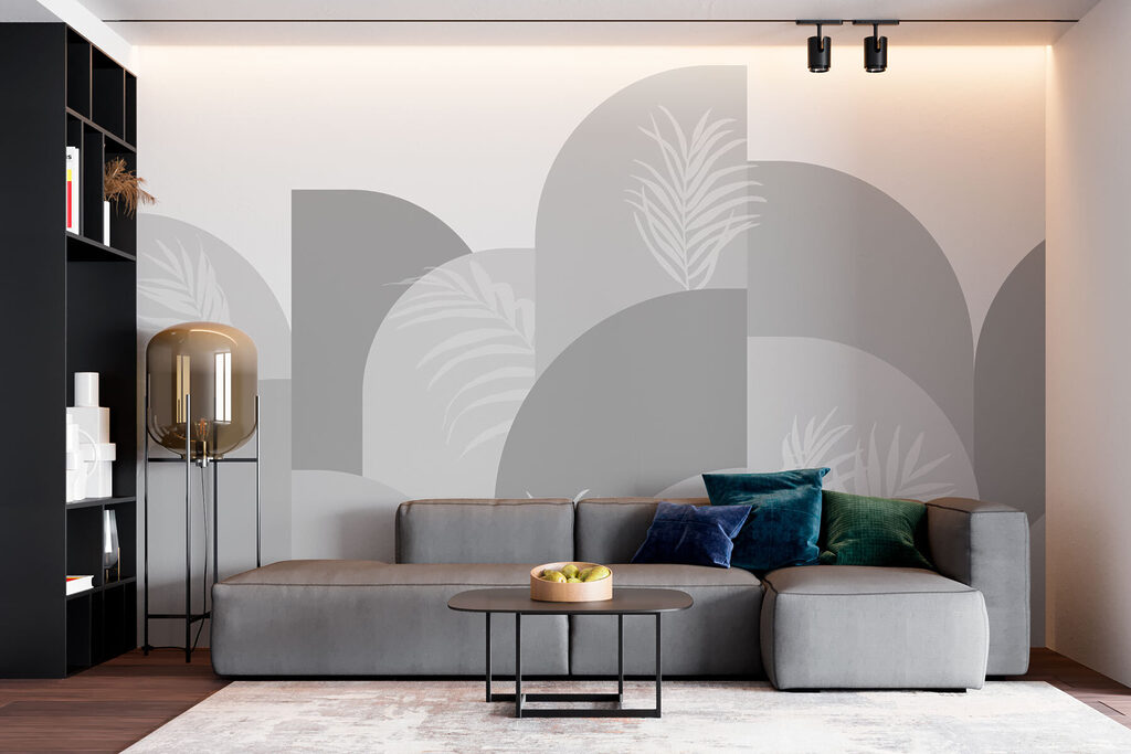 Grey and white background with white leaves