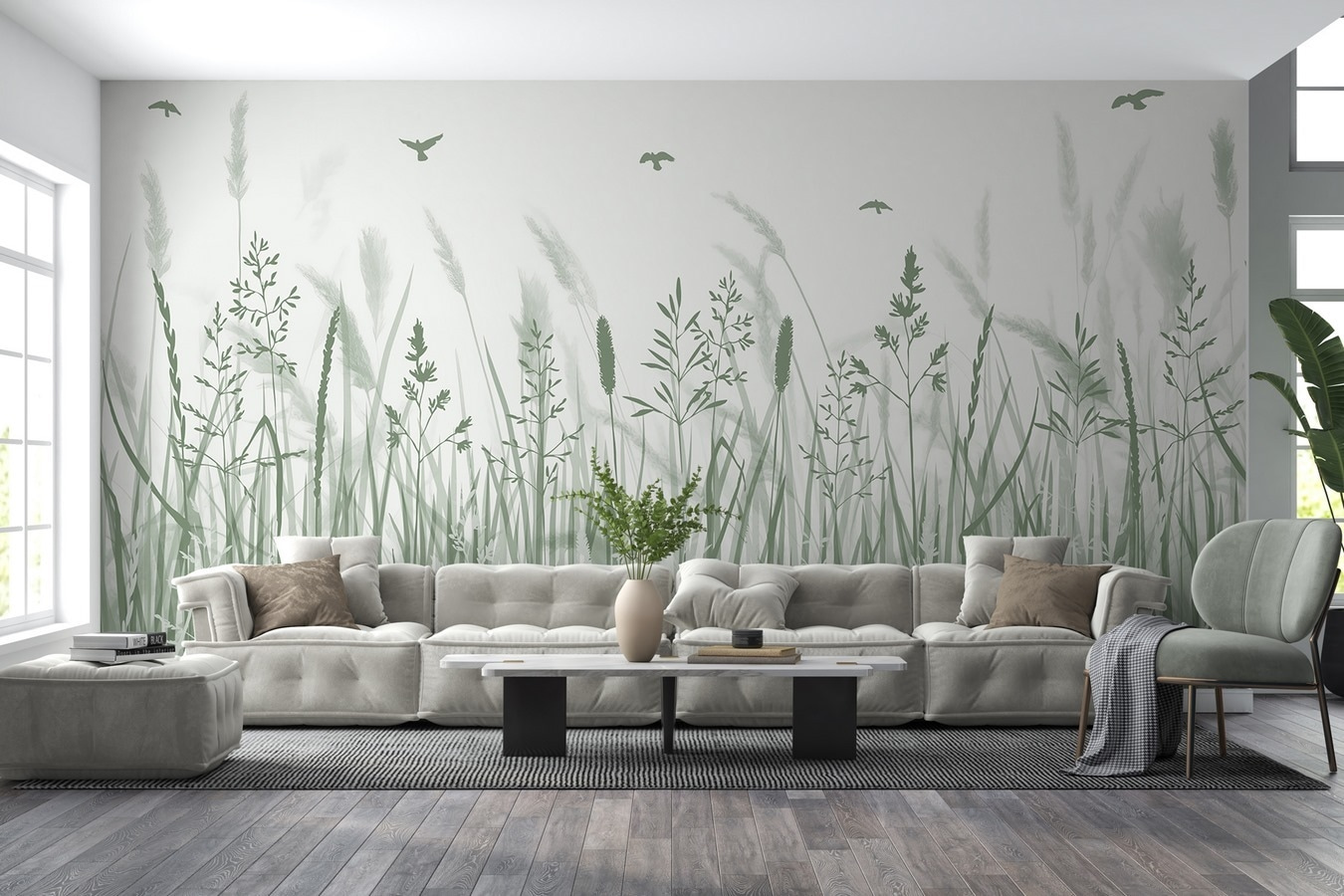 Field of grass with birds flying