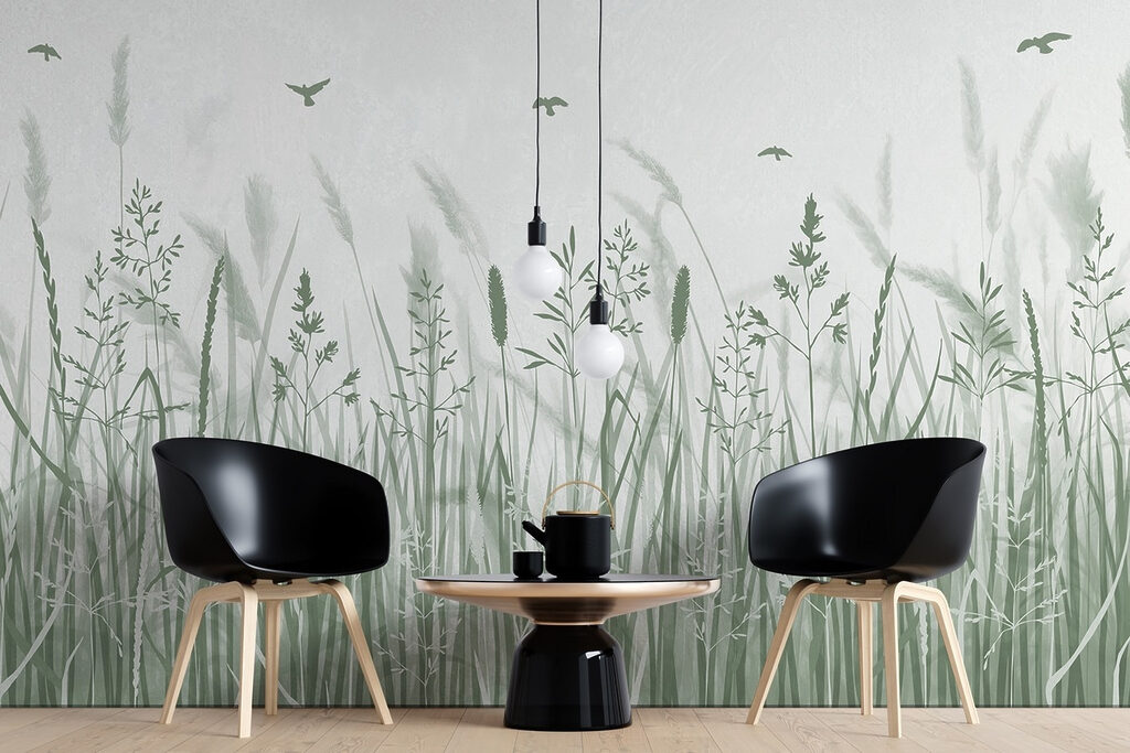 Field of grass with birds flying