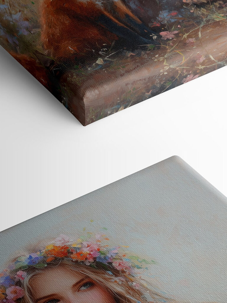 Painting of a woman with foxes