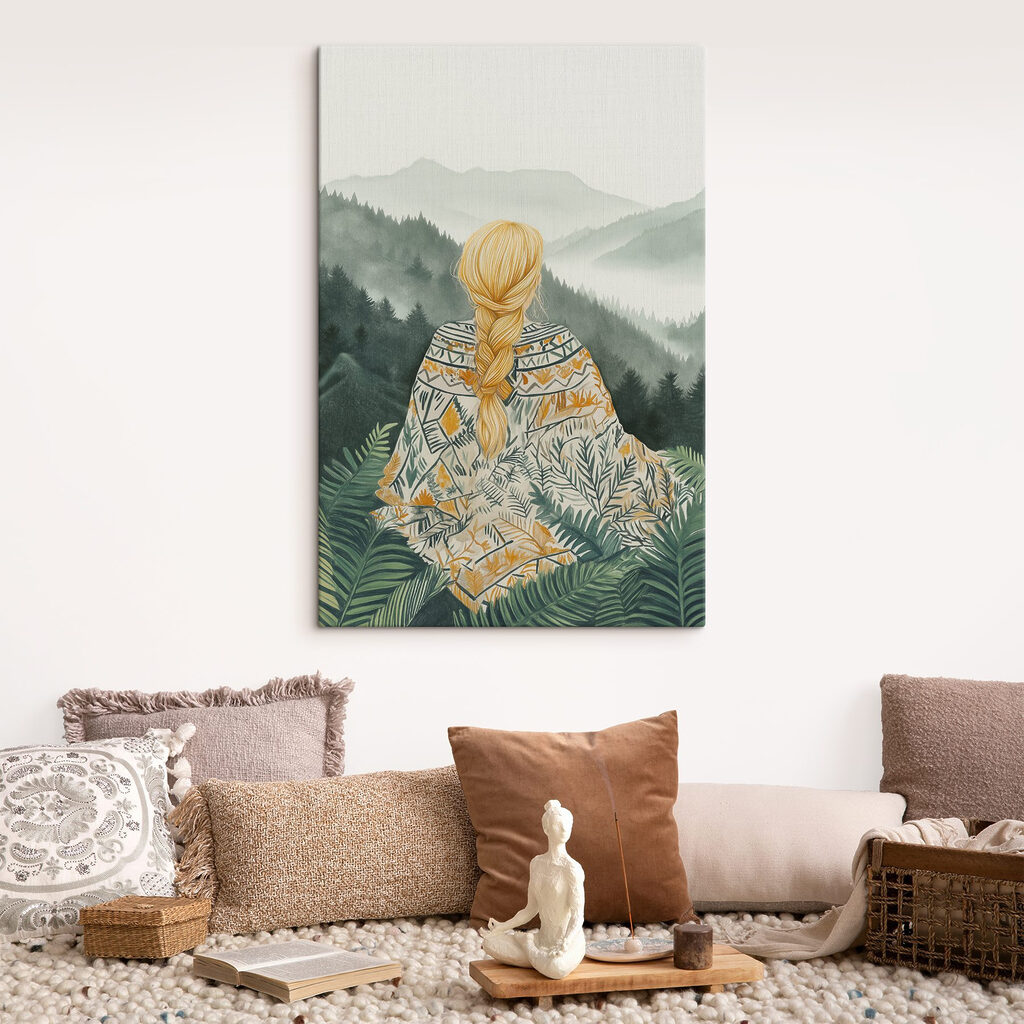 Woman sitting in a forest looking at mountains Woman sitting in a forest looking at mountains