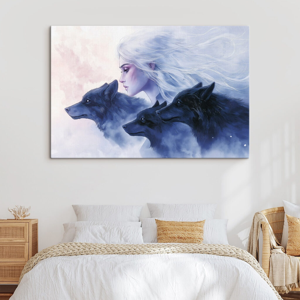 Woman with white hair and wolfs