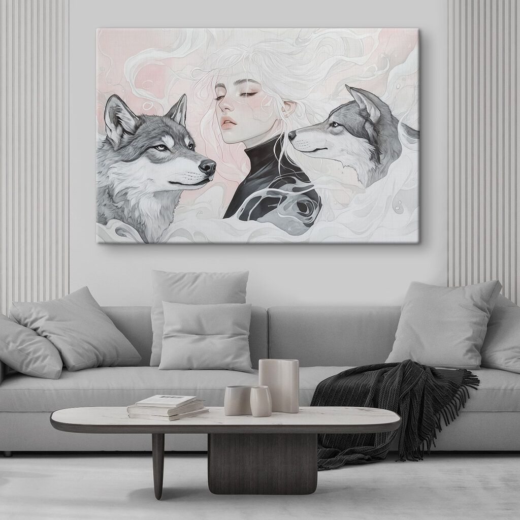 Woman with white hair and two wolves Woman with white hair and two wolves