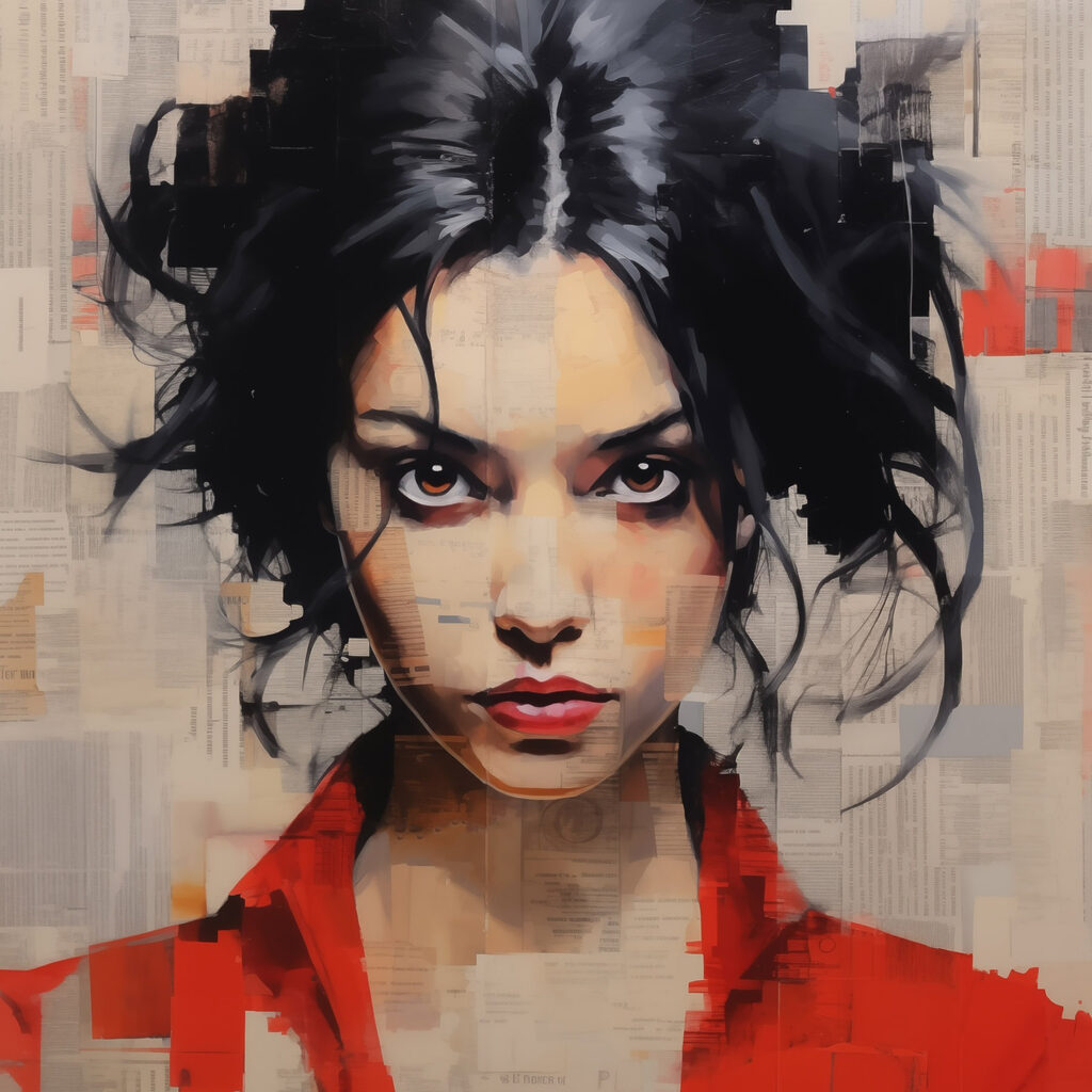 Woman with black hair and red shirt