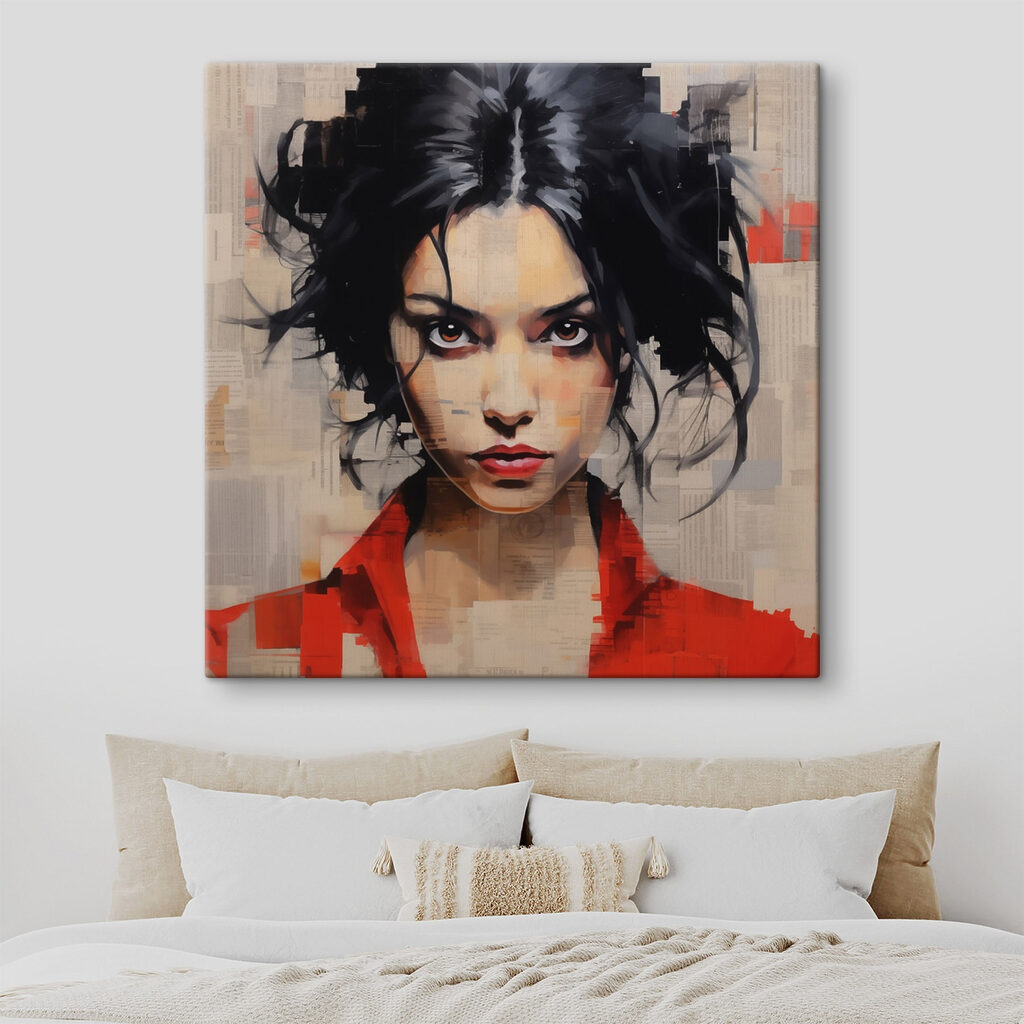 Woman with black hair and red shirt
