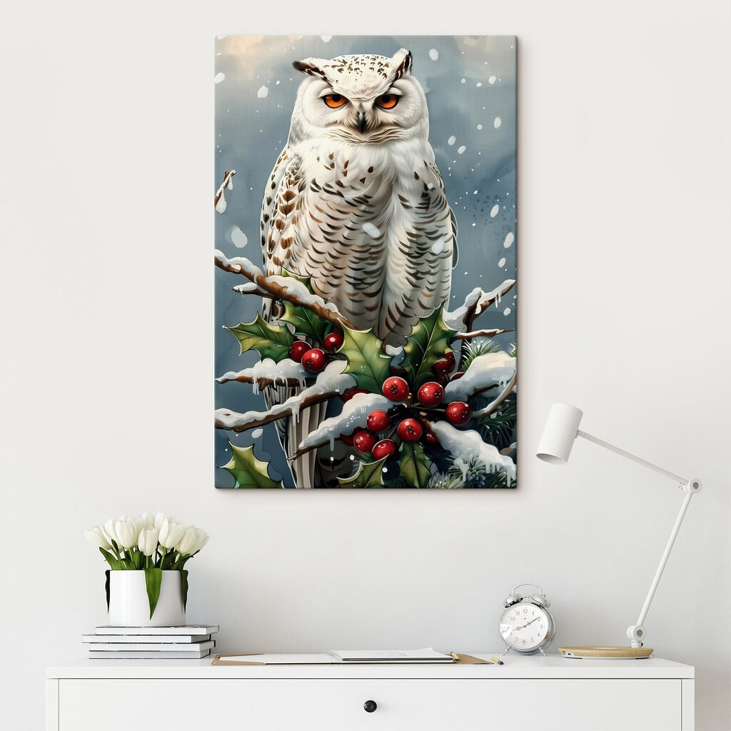 White owl sitting on a branch with snow and berries White owl sitting on a branch with snow and berries