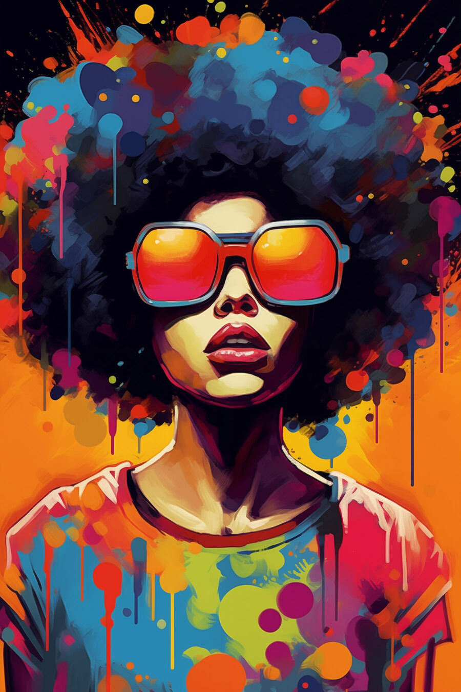 Kobieta z dużym afro w okularach przeciwsłonecznych