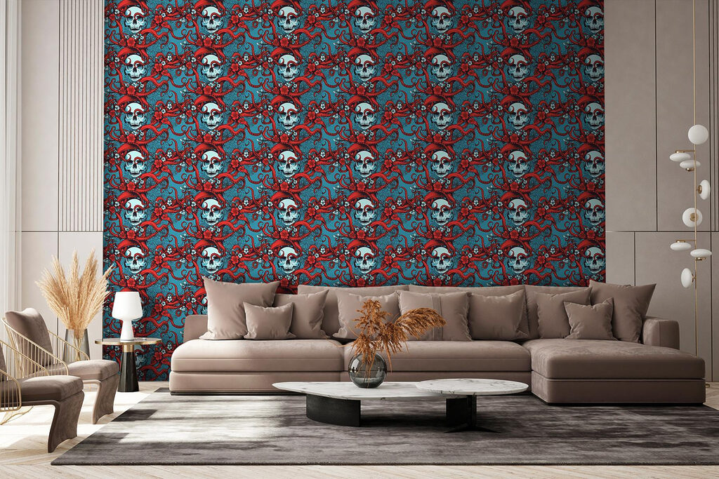Pattern of skulls in red hats